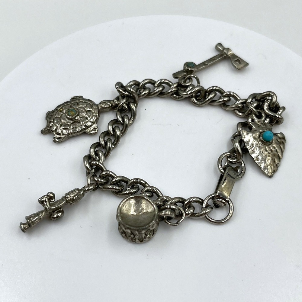 VTG‎ Silver Tone Charm Bracelet Turtle Cross Drum Arrow Turquoise Accent Chunky